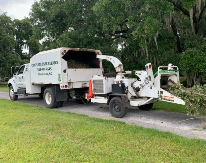 service truck clearing tree branches debris